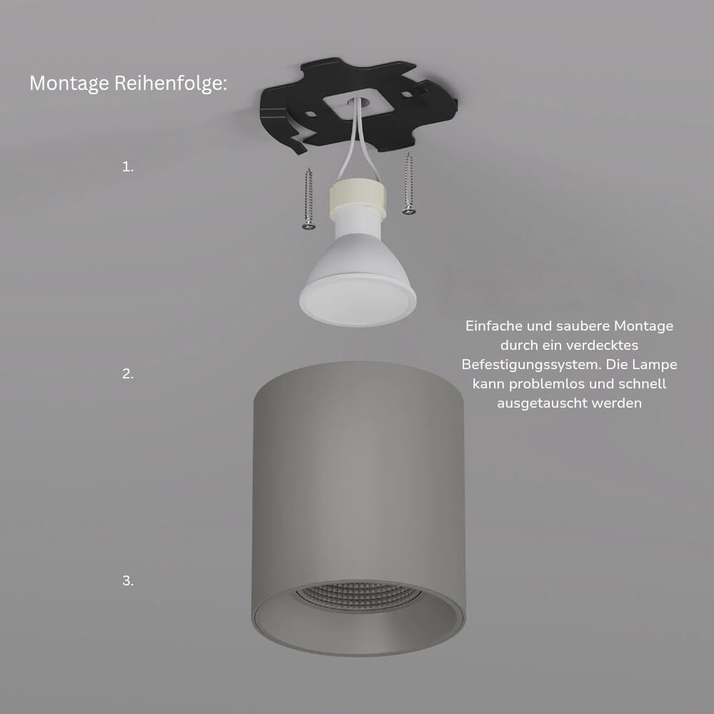 Runder schwenkbarer GU10 Deckenaufbauspot anthrazit matt IP20 Montage Abbildung