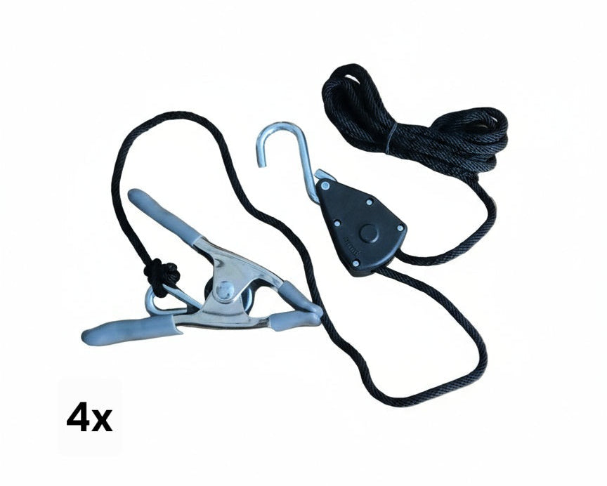 Spring clamp set of 4 with hand-operated ratchet for hanging stretch ceilings 