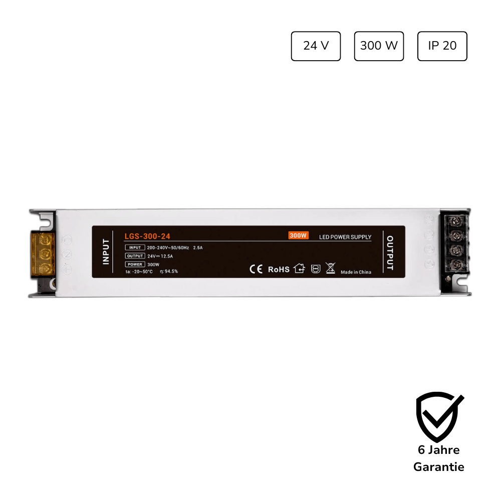 Leistungsstarkes 24V LED Netzteil 300W 12,6A IP20 mit 6 Jahren Garantie für professionelle LED Beleuchtung im Innenbereich