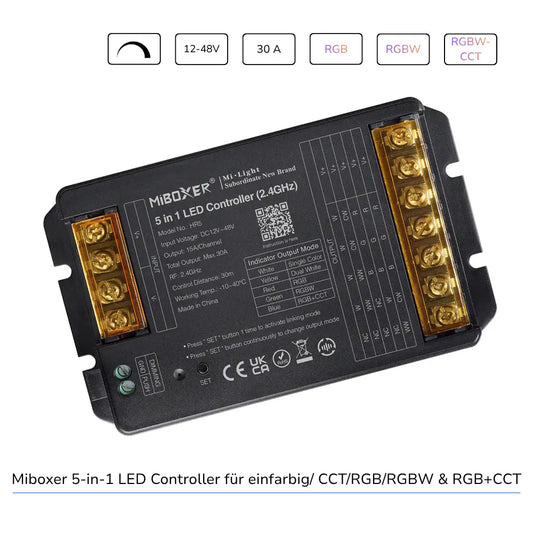 MiBoxer HR5 LED Controller 5-in-1 Dimmer 30A für einfarbig/CCT/RGB/RGBW/RGB+CCT 12-48V 2.4GHz Funk