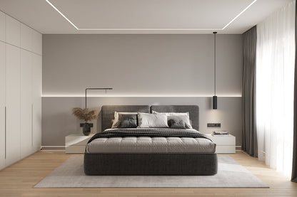 Matte Spanndecke in Weiß mit integrierten LED-Lichtkanälen
