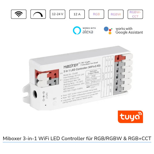 MiBoxer E3 WR WiFi LED Controller 3-in-1 für RGB RGBW und RGB+CCT LED Streifen mit Alexa Google Tuya App Steuerung und 2.4GHz Funk