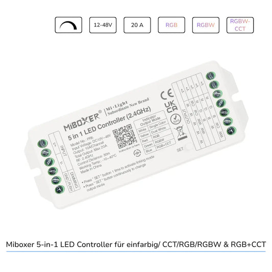 MiBoxer PR5 LED Controller 5in1 20A für einfarbige CCT RGB RGBW und RGB+CCT LED Strips mit 2,4 GHz Funksteuerung 12-48V