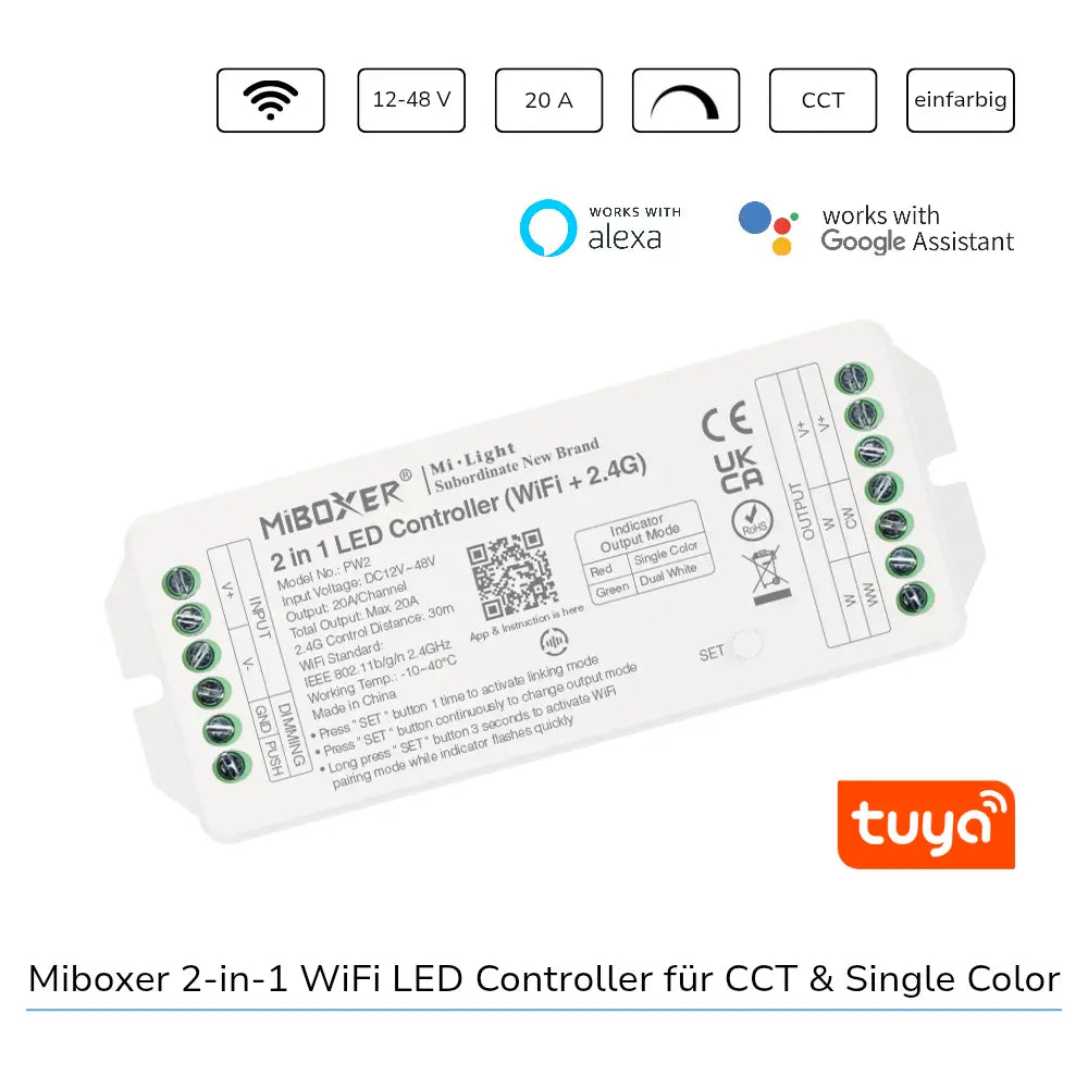MiBoxer PW2 WiFi LED Controller für CCT und Single Color LED Streifen mit Alexa und Tuya Steuerung