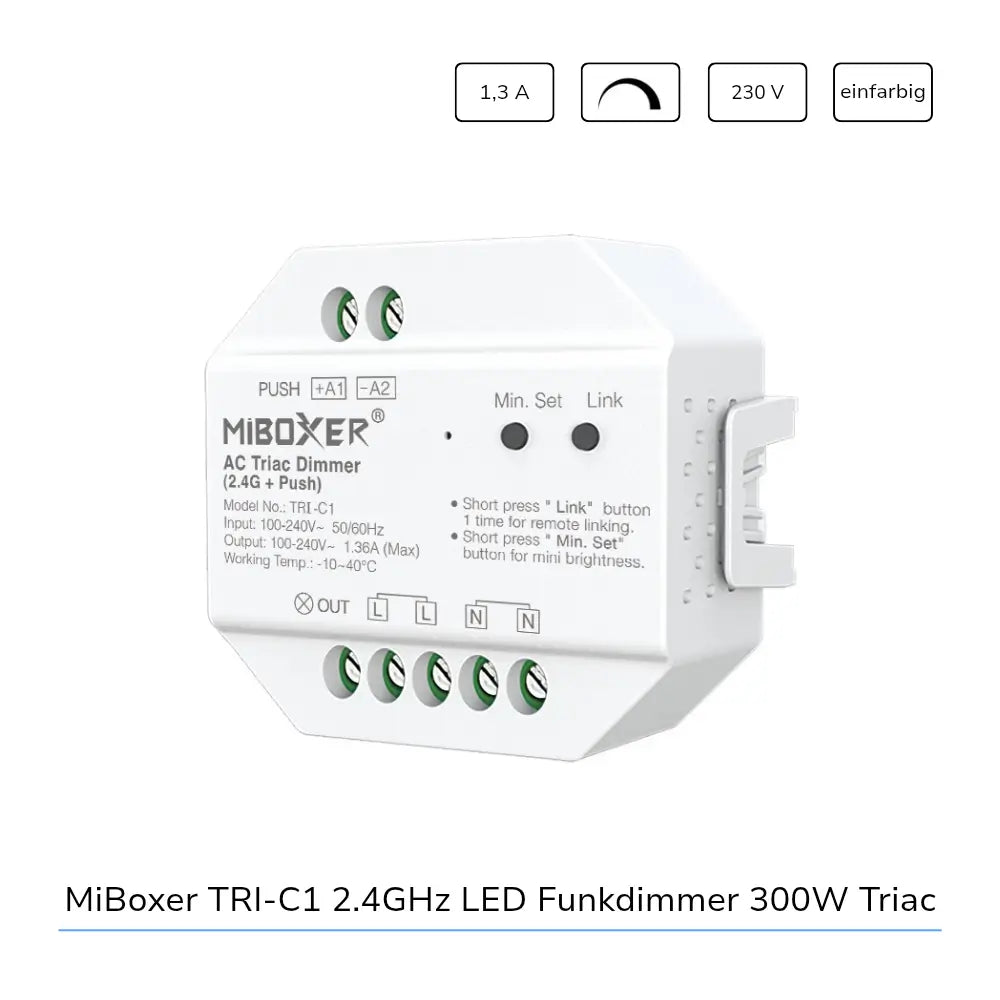 MiBoxer TRI-C1 LED Funkdimmer 300W Triac für Unterputz mit 2.4GHz Steuerung und Push Funktion
