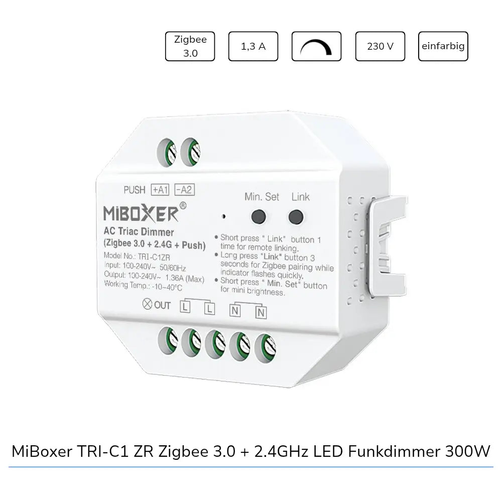 MiBoxer TRI-C1 ZR Zigbee LED Dimmer 300W für 230V Lampen mit Unterputz und 2.4GHz Funksteuerung