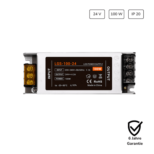 LED Netzteil 100W 24V 4,2A IP20 für LED Streifen mit 6 Jahren Garantie, zuverlässig und energieeffizient für Innenanwendungen