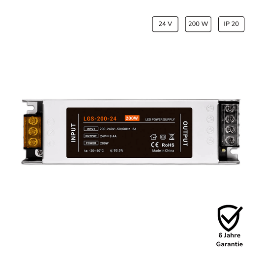LED Netzteil 200W 24V 8,4A IP20 mit 6 Jahren Garantie für LED Streifen und 24V Beleuchtungssysteme im Innenbereich