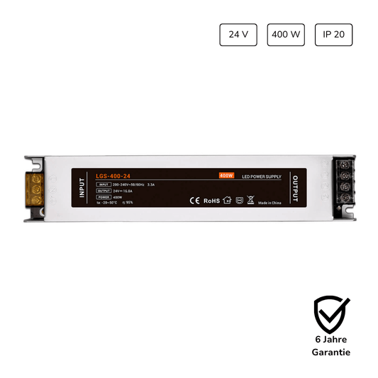 24V LED Netzteil 400W 16,8A IP20 mit 6 Jahren Garantie für leistungsstarke LED Streifen und Beleuchtungssysteme im Innenbereich