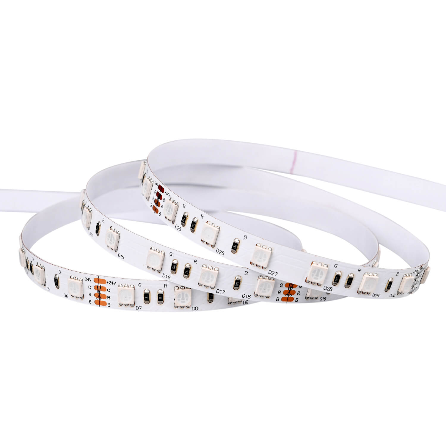 Premium RGB LED Streifen 24V mit 5 Metern Länge, 14,4W pro Meter und 60 LEDs pro Meter, IP20 für Innenräume.